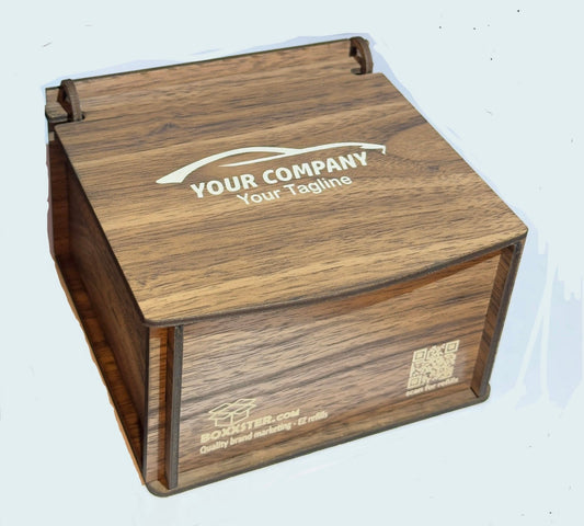 GET THIS FIRST! BOXXSTER Starter Box - Walnut wood grain box with 20 custom engraved starter promotional items.