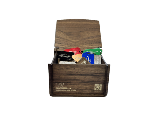 GET THIS FIRST!   BOXXSTER Starter Box -  Walnut wood grain box with 20 custom engraved starter promotional items.
